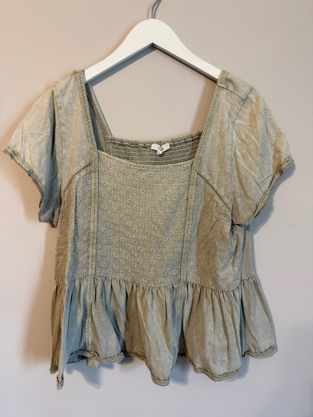 easel Sage Green Eyelet Peplum Blouse